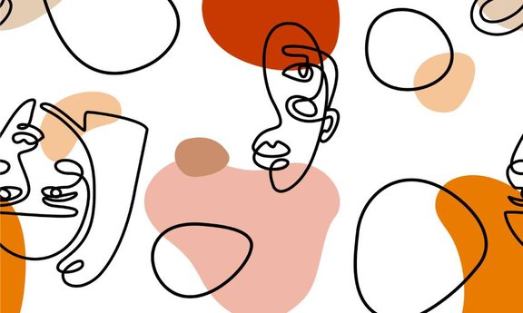Abstrakte Kunst mit lineart Gesichtern und farbigen Flecken im Hintergrund